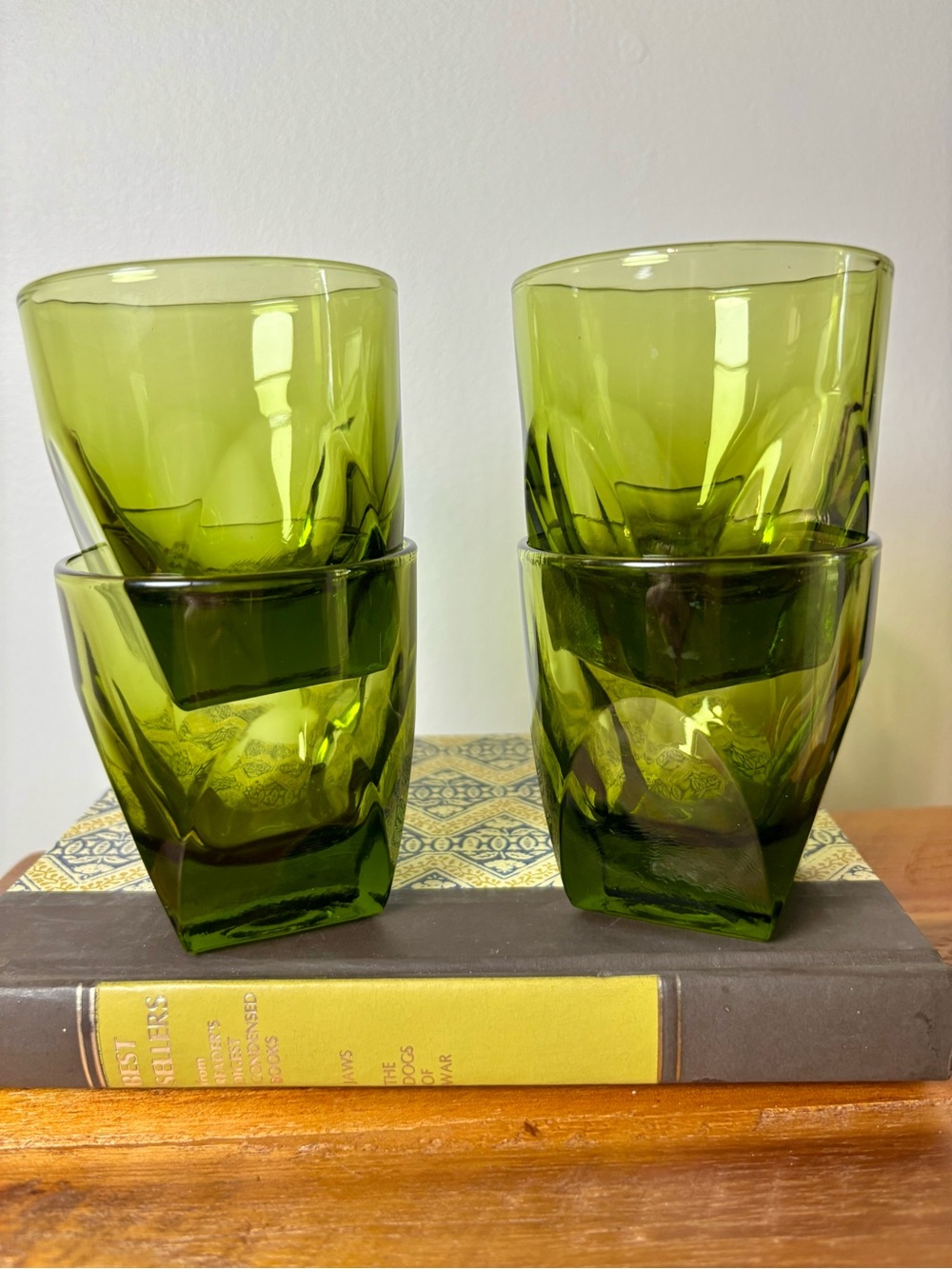 MCM vintage Hazel Atlas "Colony" rocks glasses - avocado green bar ware faceted